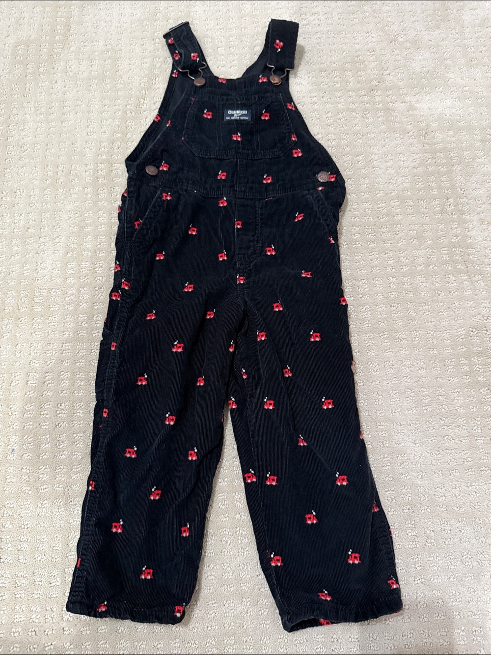 OshKosh B'gosh Black Flannel Lined Corduroy Overalls with Red Trains